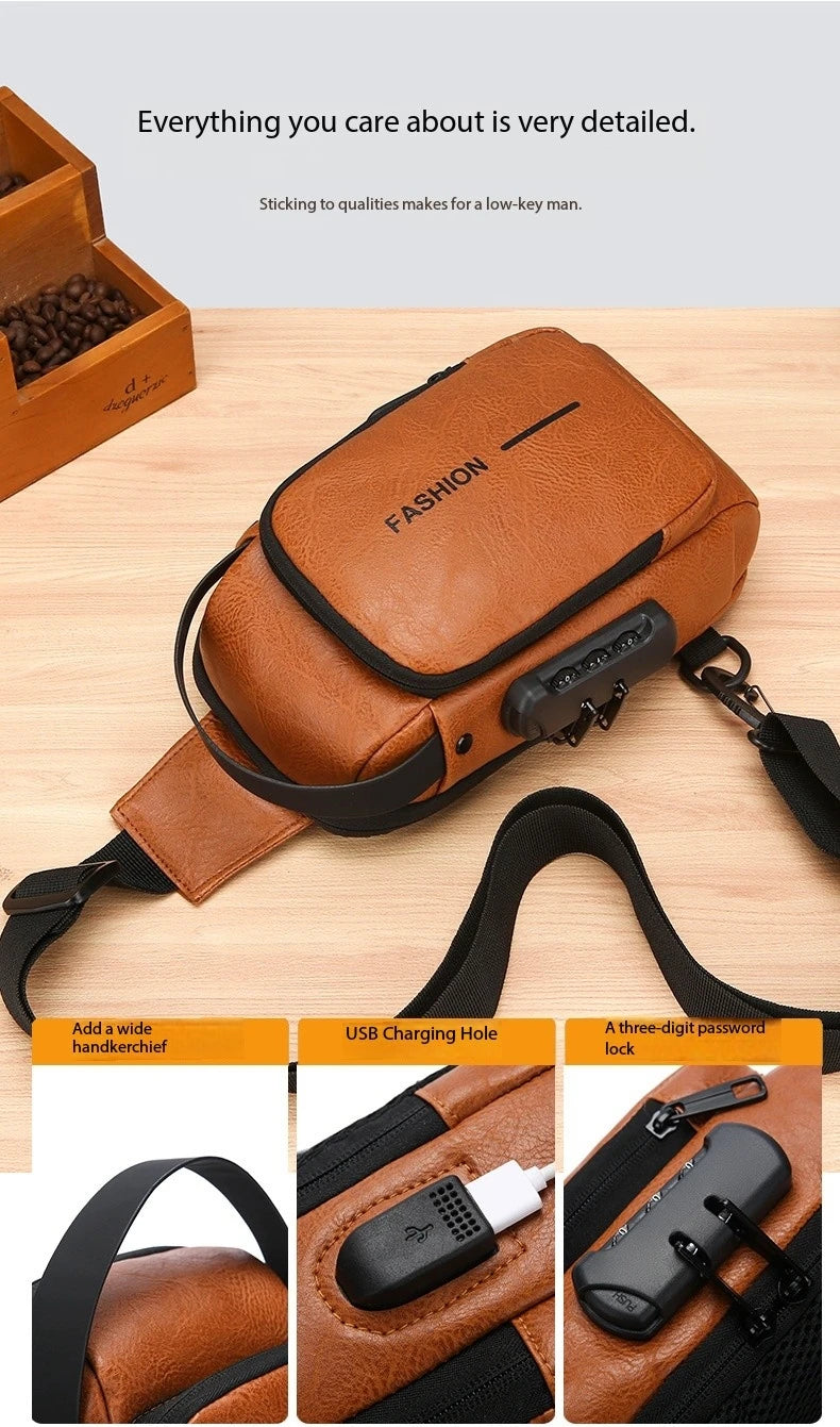 Bolsa Transversal Masculina Antifurto – Porta USB – Cadeado com Senha – Couro PU