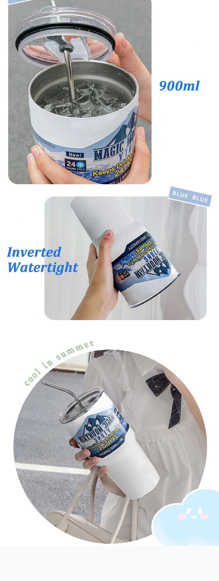 Garrafa Térmica Inox 900ml com Canudo – Isolamento a Vácuo – Ideal para Viagem e Uso Diário