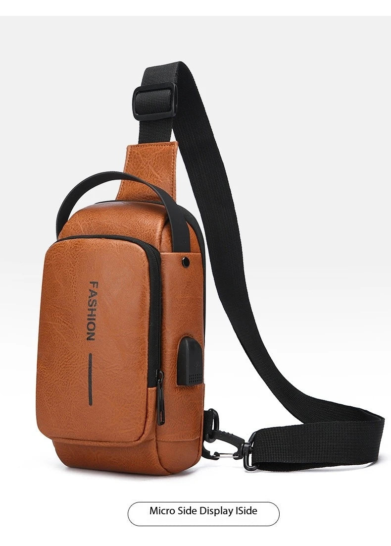 Bolsa Transversal Masculina Antifurto – Porta USB – Cadeado com Senha – Couro PU