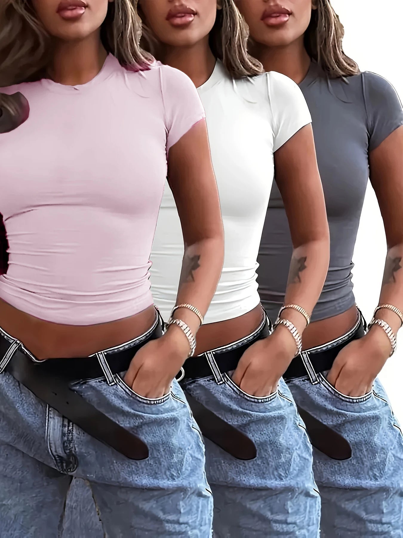 Kit 3 Camisetas Femininas Slim Fit Manga Curta Gola Redonda Y2k Vintage