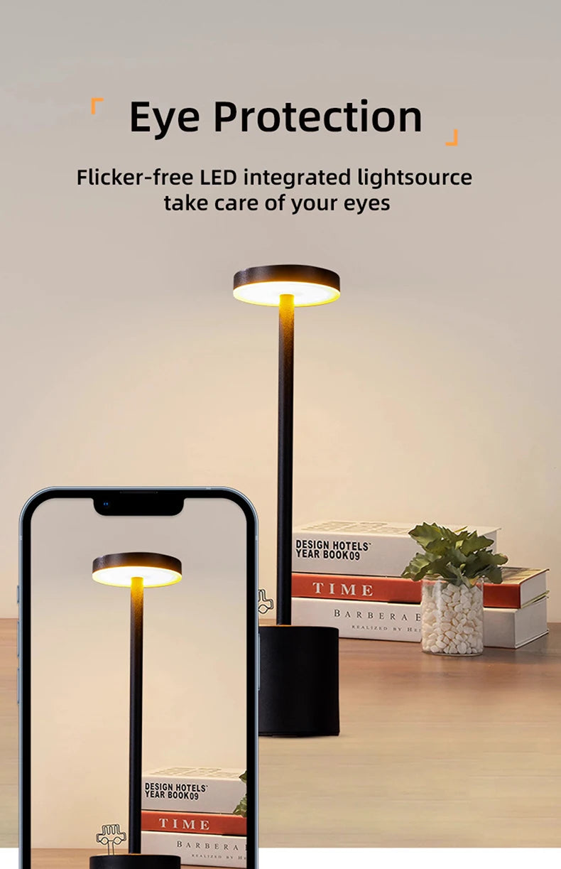 Luminária de Mesa LED Recarregável USB – 3 Cores – Dimmer – Corpo Metálico