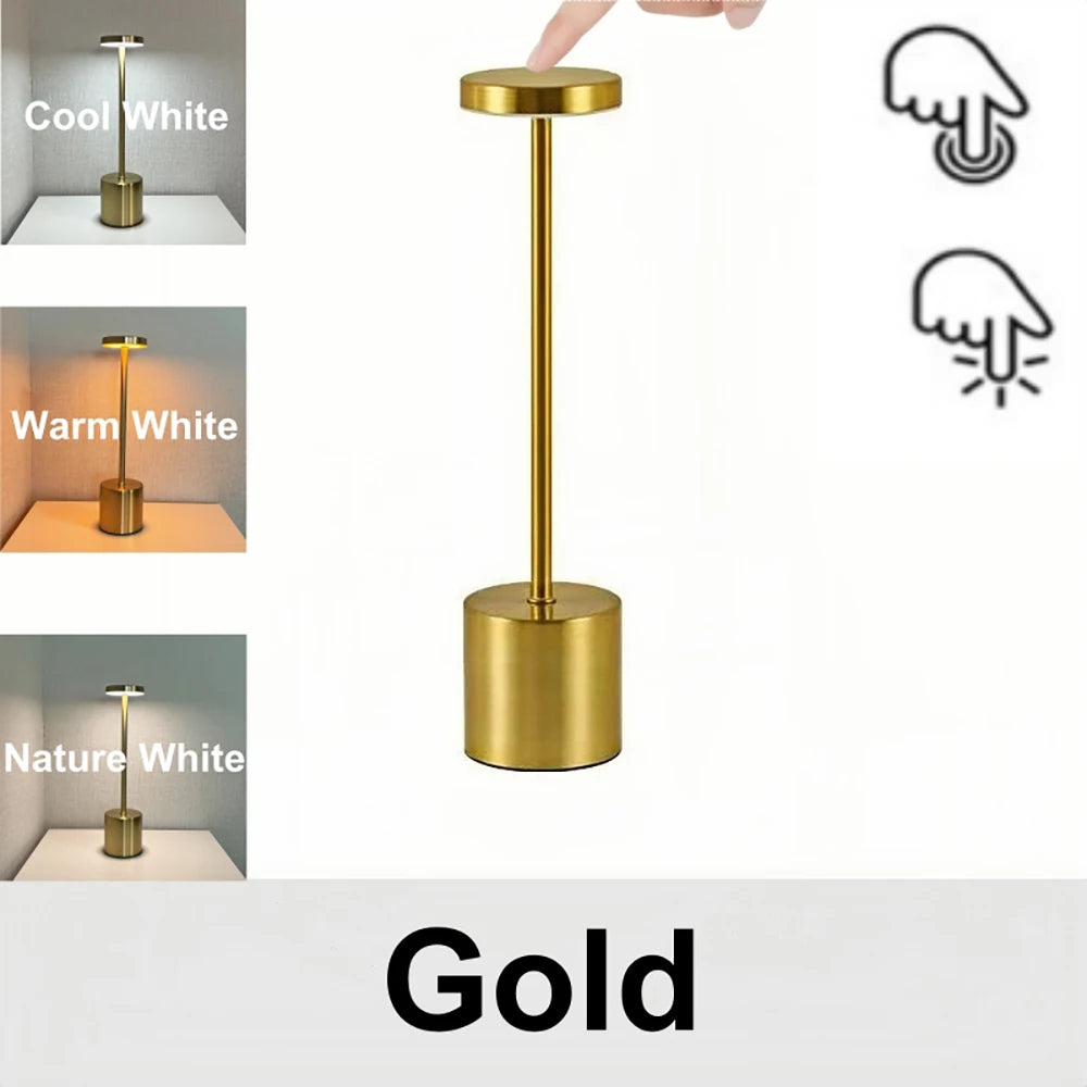 Luminária de Mesa LED Recarregável USB – 3 Cores – Dimmer – Corpo Metálico