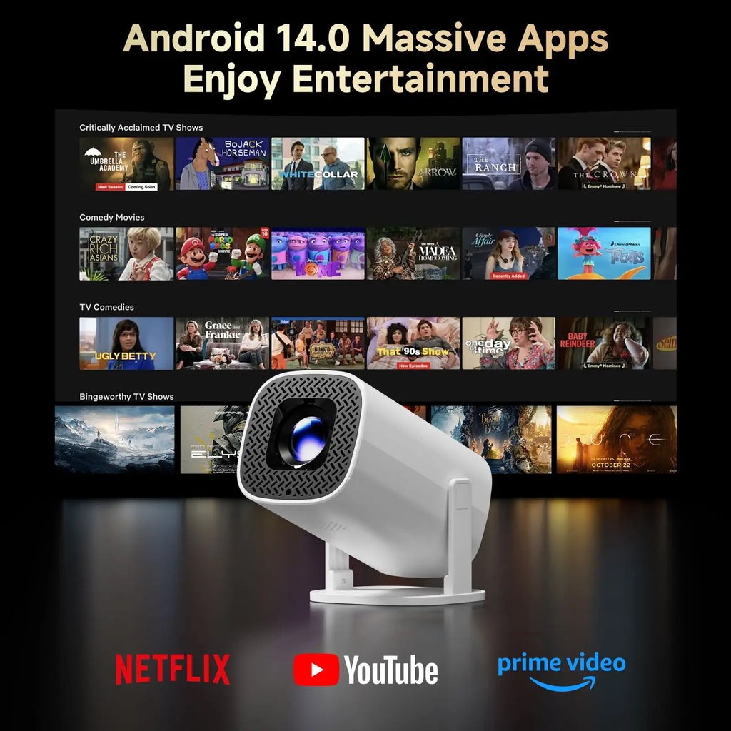 Mini Projetor Smart Android 14 – WiFi 6 – Bluetooth 5.0 – Suporte 4K – Home Theater
