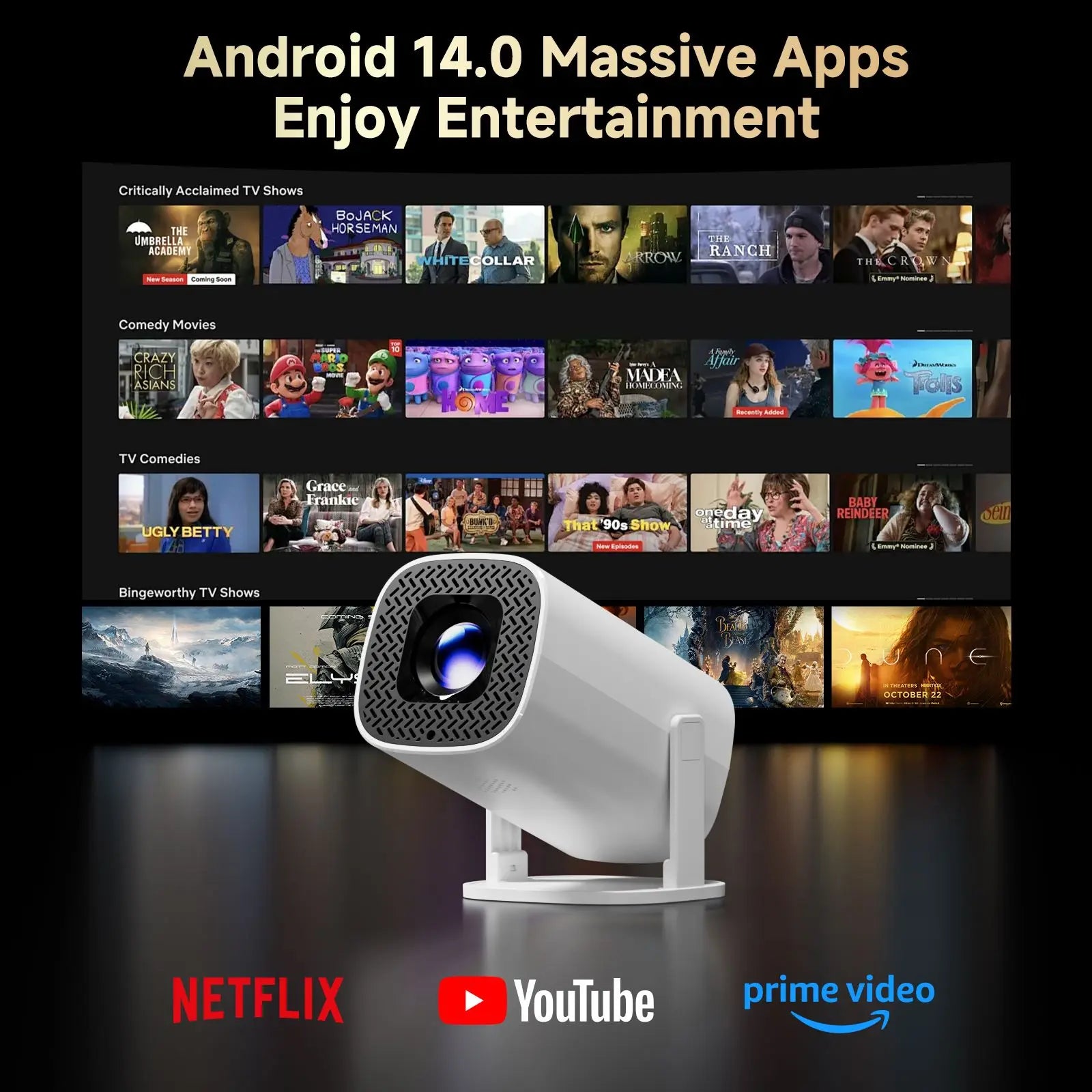 Mini Projetor Smart Android 14 – WiFi 6 – Bluetooth 5.0 – Suporte 4K – Home Theater