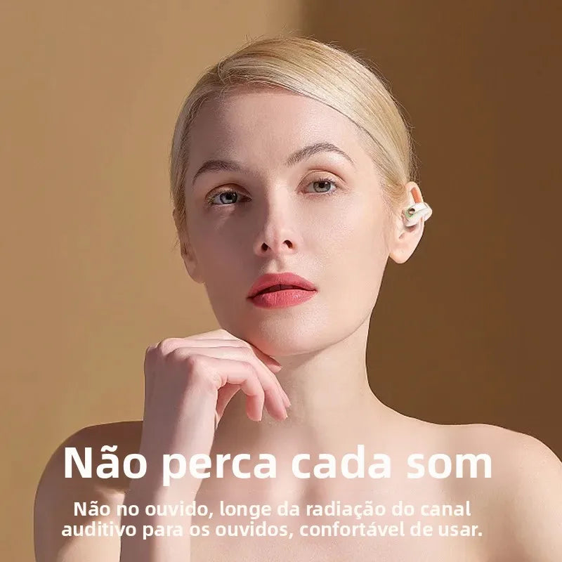 Fone Bluetooth Clip-On Esportivo – Design Aberto – Cancelamento de Ruído – Microfone HD