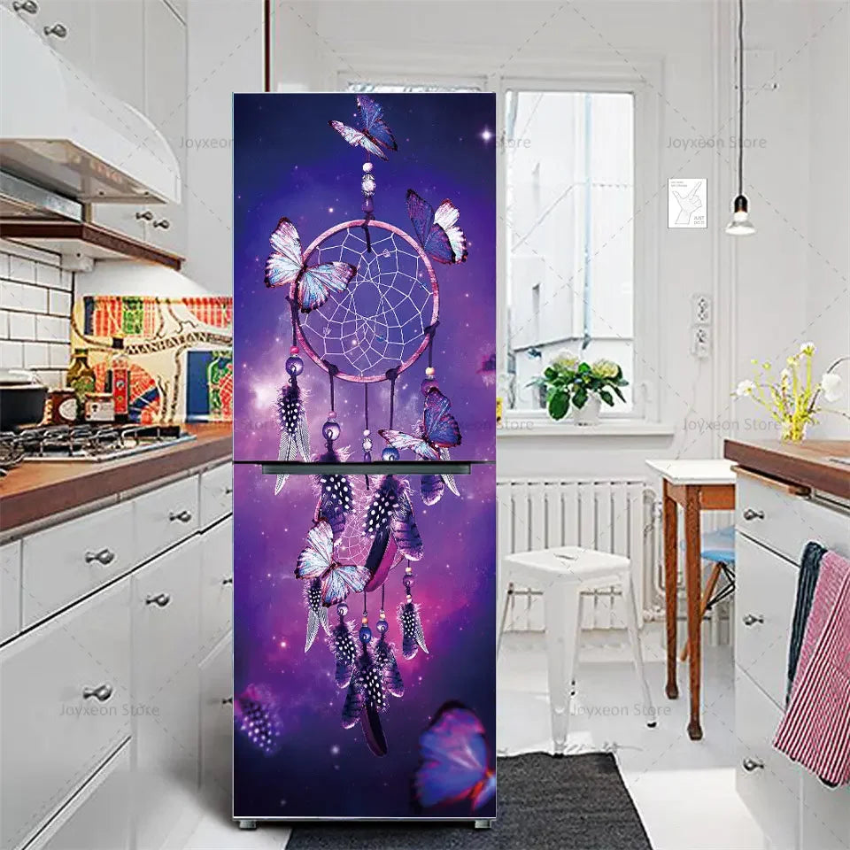 Retro Flower Fridge Sticker Light Blue Background Vinyl PVC Waterproof Self-Adhesive Poster Mural Decorative Fridge Sticker