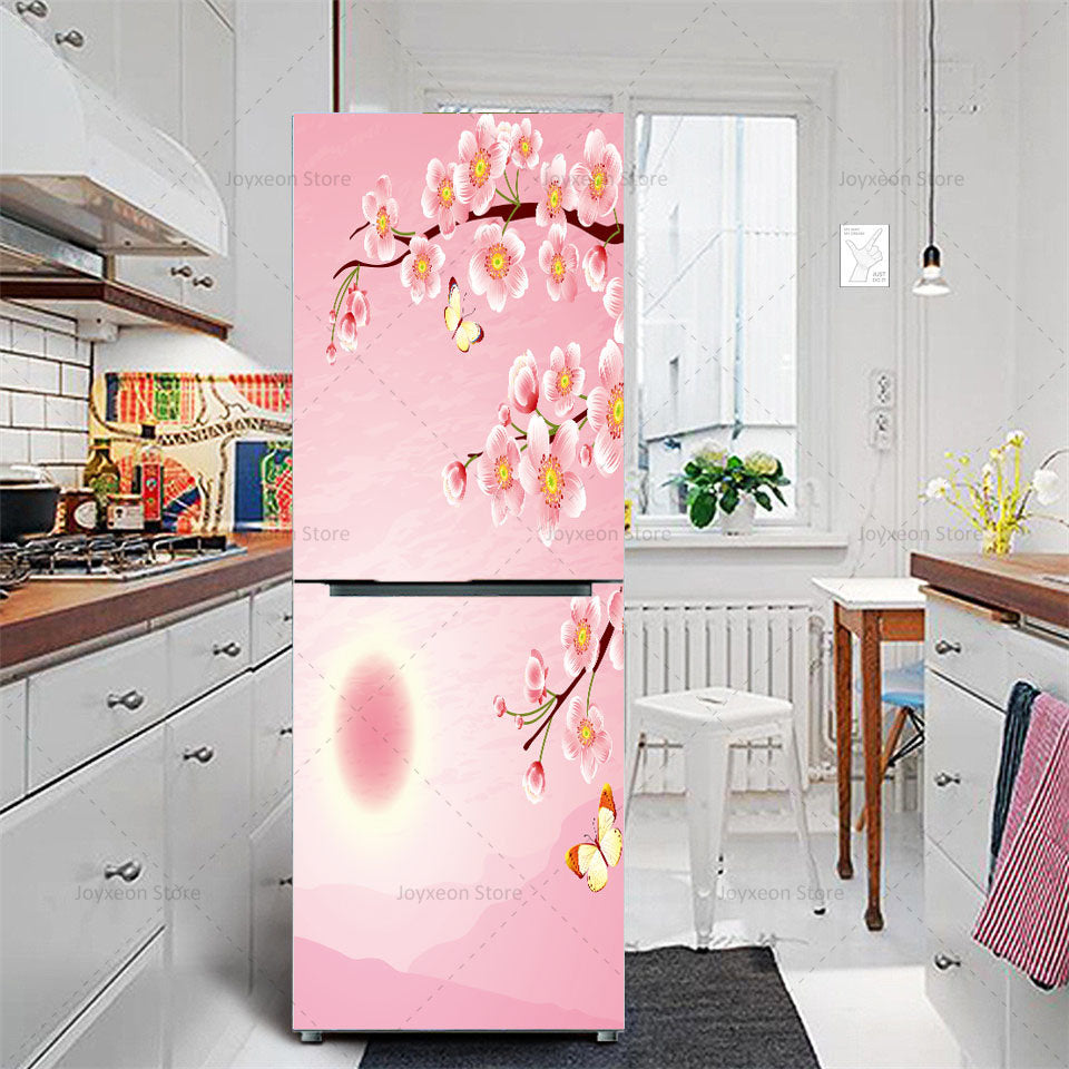 Retro Flower Fridge Sticker Light Blue Background Vinyl PVC Waterproof Self-Adhesive Poster Mural Decorative Fridge Sticker