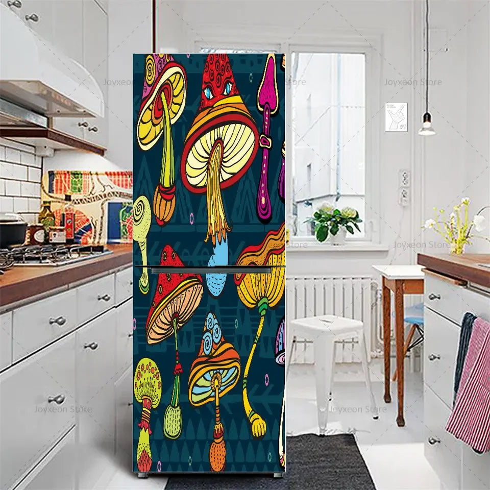 Retro Flower Fridge Sticker Light Blue Background Vinyl PVC Waterproof Self-Adhesive Poster Mural Decorative Fridge Sticker