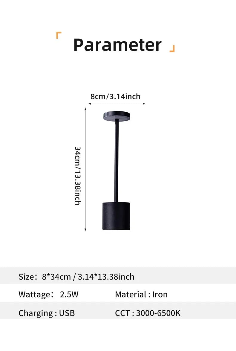 Luminária de Mesa LED Recarregável USB – 3 Cores – Dimmer – Corpo Metálico