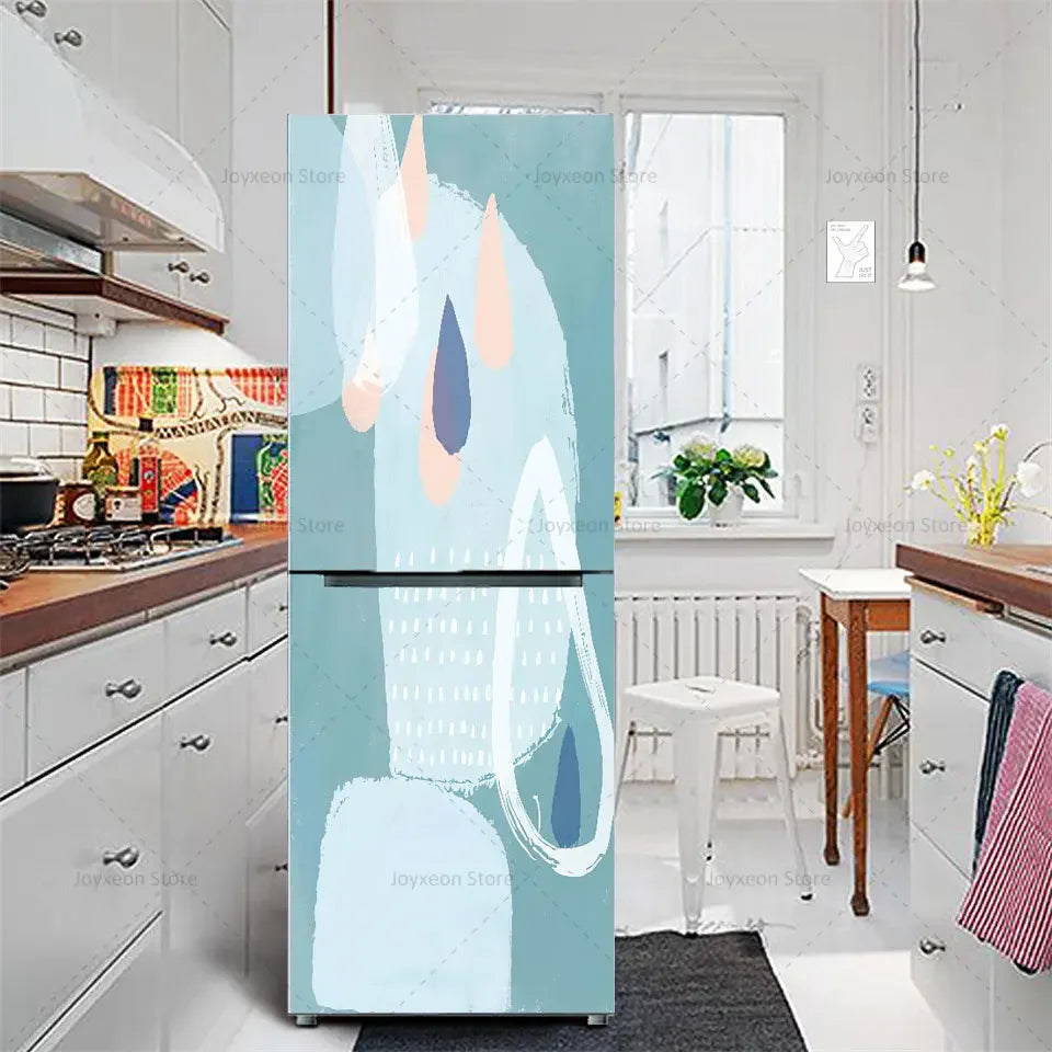 Retro Flower Fridge Sticker Light Blue Background Vinyl PVC Waterproof Self-Adhesive Poster Mural Decorative Fridge Sticker