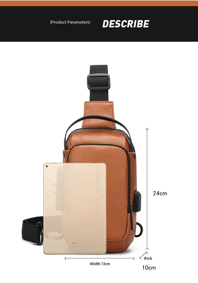 Bolsa Transversal Masculina Antifurto – Porta USB – Cadeado com Senha – Couro PU