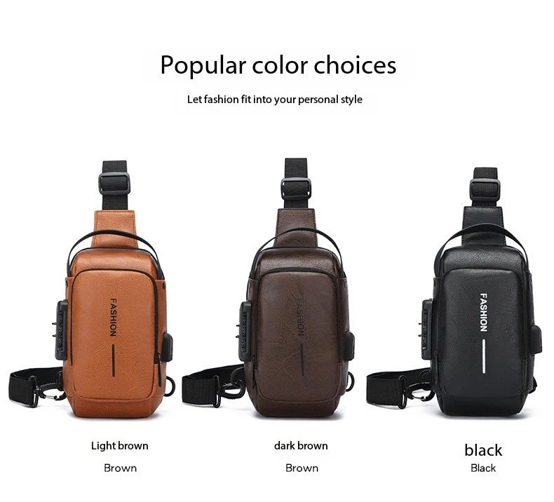 Bolsa Transversal Masculina Antifurto – Porta USB – Cadeado com Senha – Couro PU