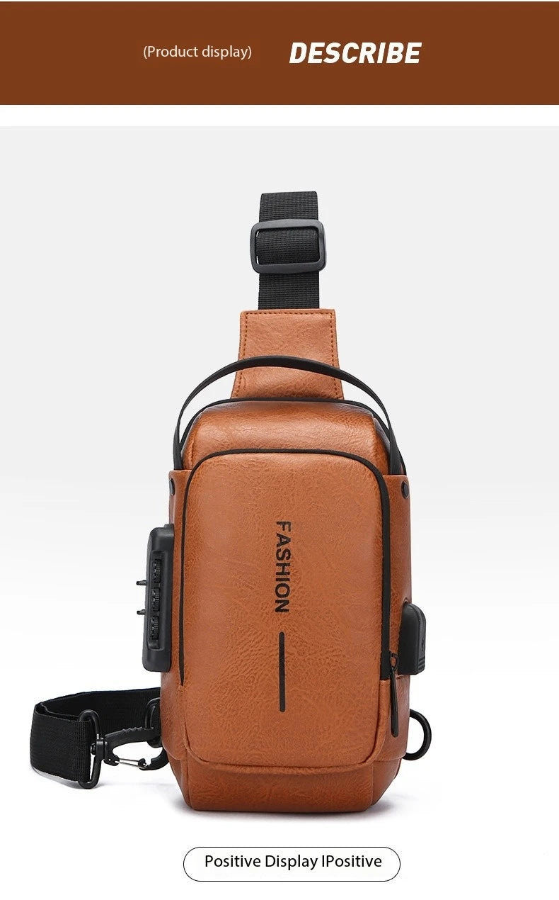 Bolsa Transversal Masculina Antifurto – Porta USB – Cadeado com Senha – Couro PU