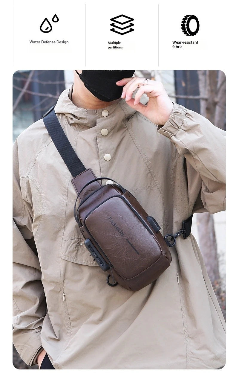 Bolsa Transversal Masculina Antifurto – Porta USB – Cadeado com Senha – Couro PU