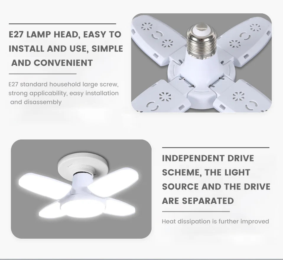 Lâmpada LED Dobrável E27 28W – Luz Branca 6500K – Para Teto e Garagem