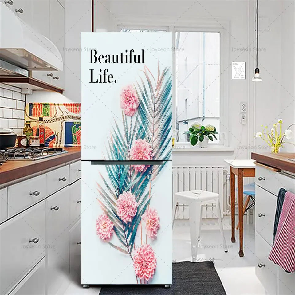 Retro Flower Fridge Sticker Light Blue Background Vinyl PVC Waterproof Self-Adhesive Poster Mural Decorative Fridge Sticker