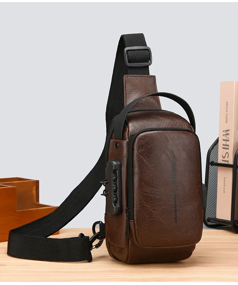Bolsa Transversal Masculina Antifurto – Porta USB – Cadeado com Senha – Couro PU