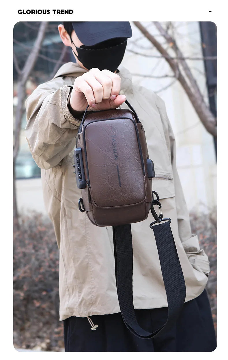 Bolsa Transversal Masculina Antifurto – Porta USB – Cadeado com Senha – Couro PU