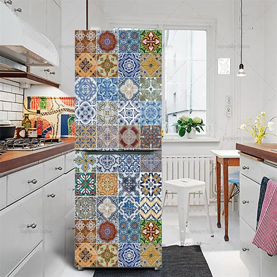 Retro Flower Fridge Sticker Light Blue Background Vinyl PVC Waterproof Self-Adhesive Poster Mural Decorative Fridge Sticker