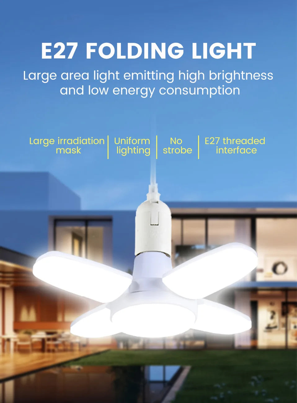Lâmpada LED Dobrável E27 28W – Luz Branca 6500K – Para Teto e Garagem
