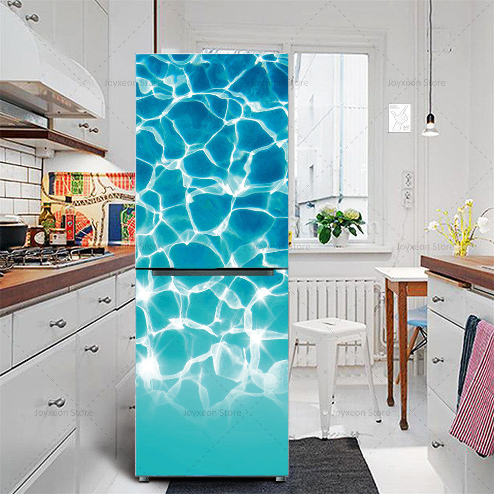 Retro Flower Fridge Sticker Light Blue Background Vinyl PVC Waterproof Self-Adhesive Poster Mural Decorative Fridge Sticker