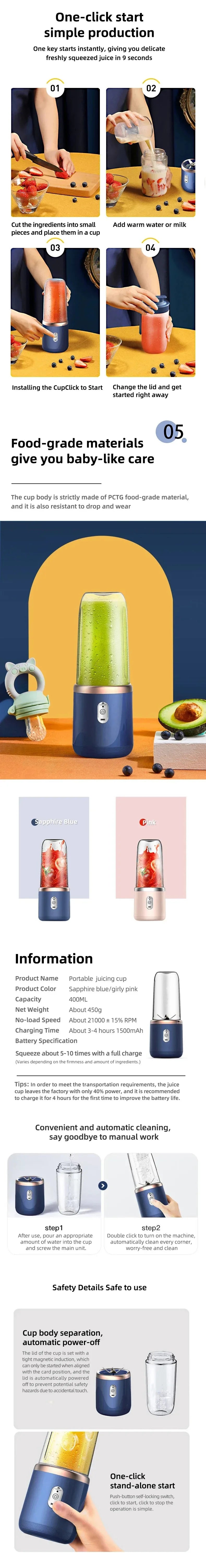 Liquidificador Portátil USB 400ml – Mini Mixer Elétrico para Smoothie e Vitamina