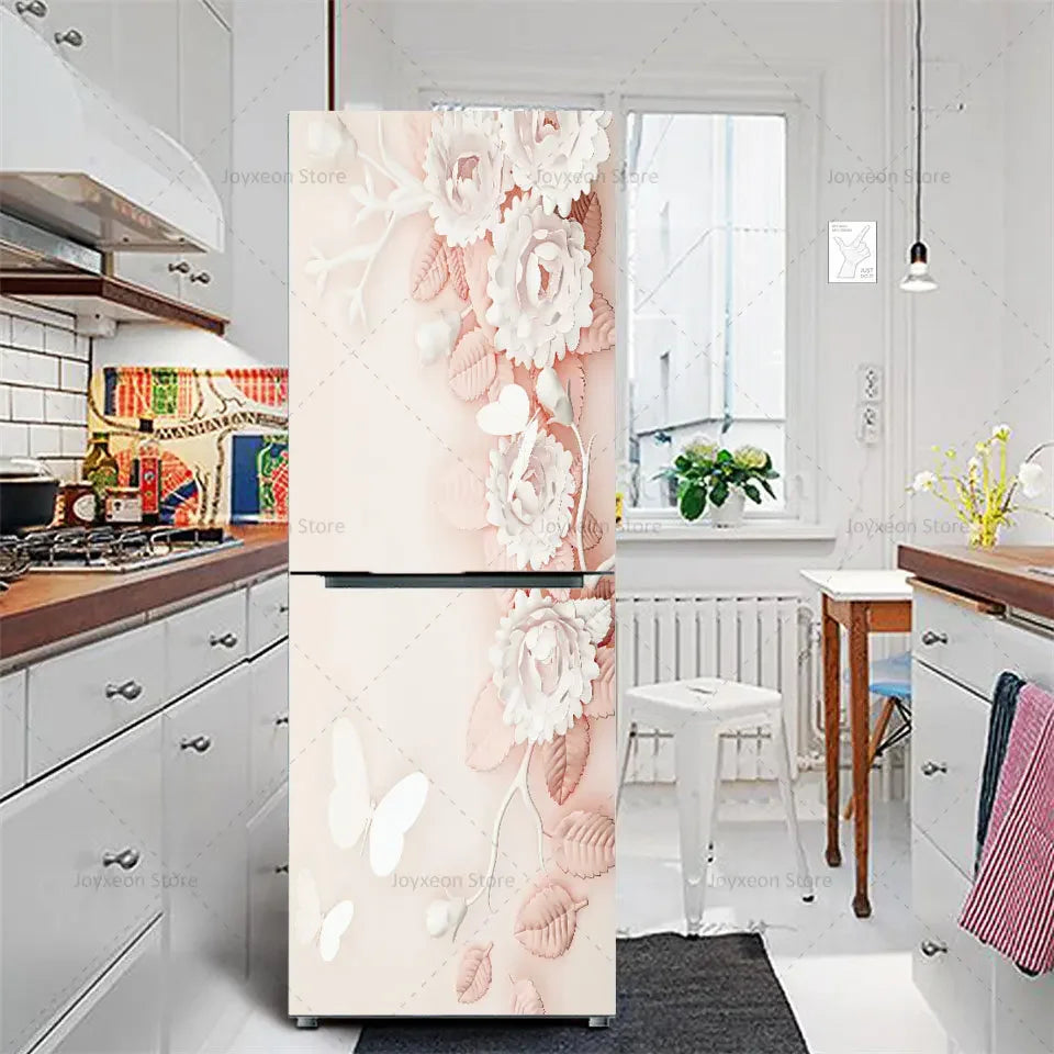 Retro Flower Fridge Sticker Light Blue Background Vinyl PVC Waterproof Self-Adhesive Poster Mural Decorative Fridge Sticker