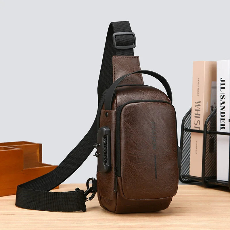 Bolsa Transversal Masculina Antifurto – Porta USB – Cadeado com Senha – Couro PU