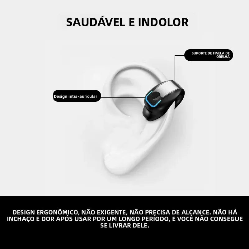 Fone Bluetooth Clip-On Esportivo – Design Aberto – Cancelamento de Ruído – Microfone HD
