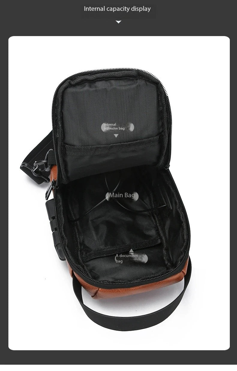 Bolsa Transversal Masculina Antifurto – Porta USB – Cadeado com Senha – Couro PU