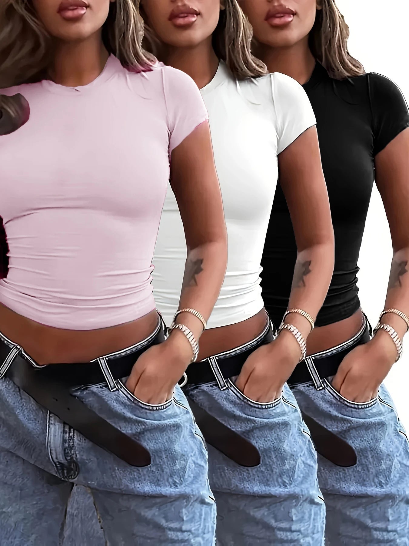 Kit 3 Camisetas Femininas Slim Fit Manga Curta Gola Redonda Y2k Vintage